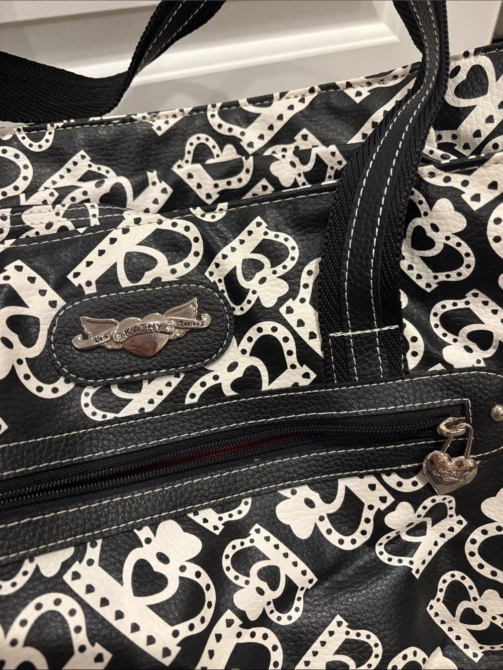 Kathy Van Zeeland Black and White Heart Print Duffel Bag